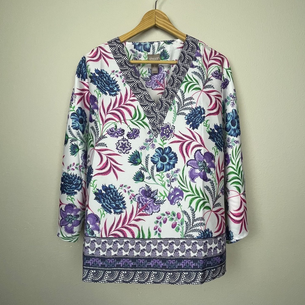 Chico's Floral V-Neck Top Size 2 (L) Boxy Workwear Everyday Coastal Resortwear